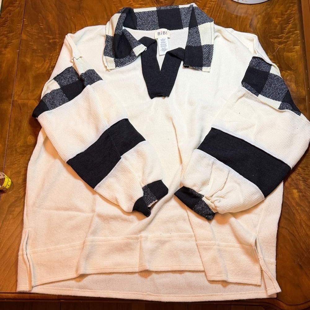 BiBi | Ivory Black | Colorblock | Pullover Top | Buffalo Check | XL | NWT